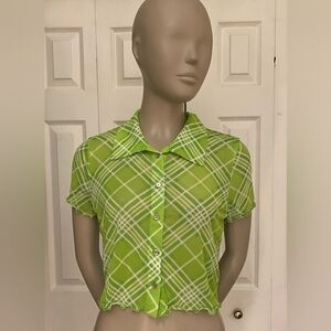 Green and White Button Down Crop Top with Peter Pan Collar